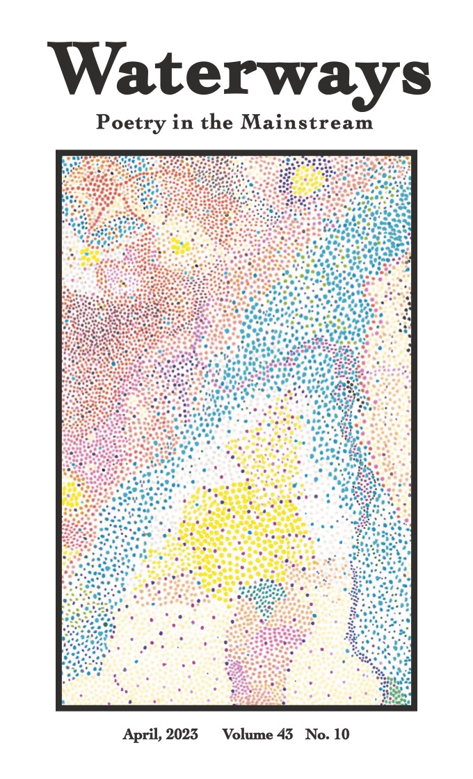 Cover for April is anothner of Richard Spiegel's abstract pointilist compositions similar in colors to Waterways numbers 5 and 7.  The pointilist dots here evoke a geographic map with a diagonal blue river that forks to the left and right at the bottom of the frame.